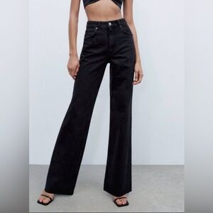 Zara Jeans Womens 8 Black Wide Leg High Rise Denim Full Length